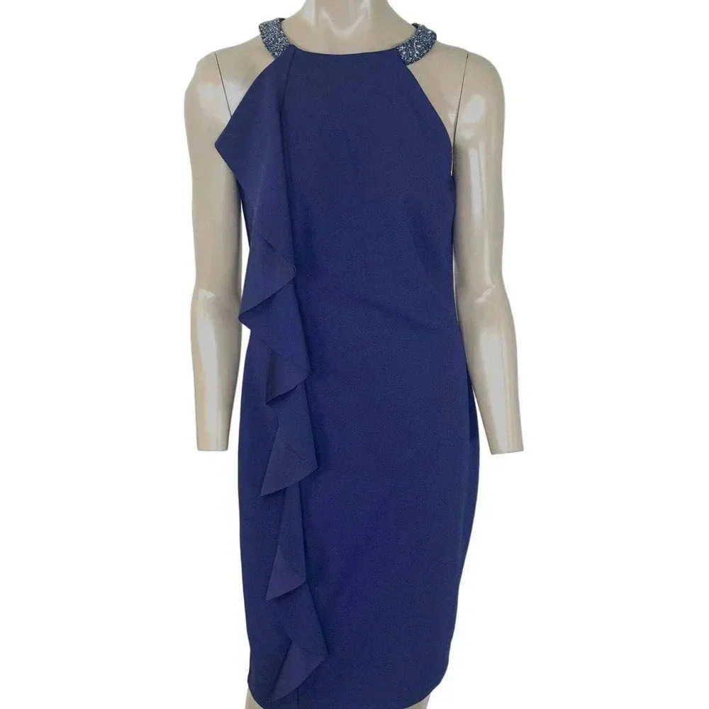 Lauren Ralph Lauren Halter Beaded Cocktail Pencil Dress Women Size 8 Blue Ruffle - Picture 2 of 15